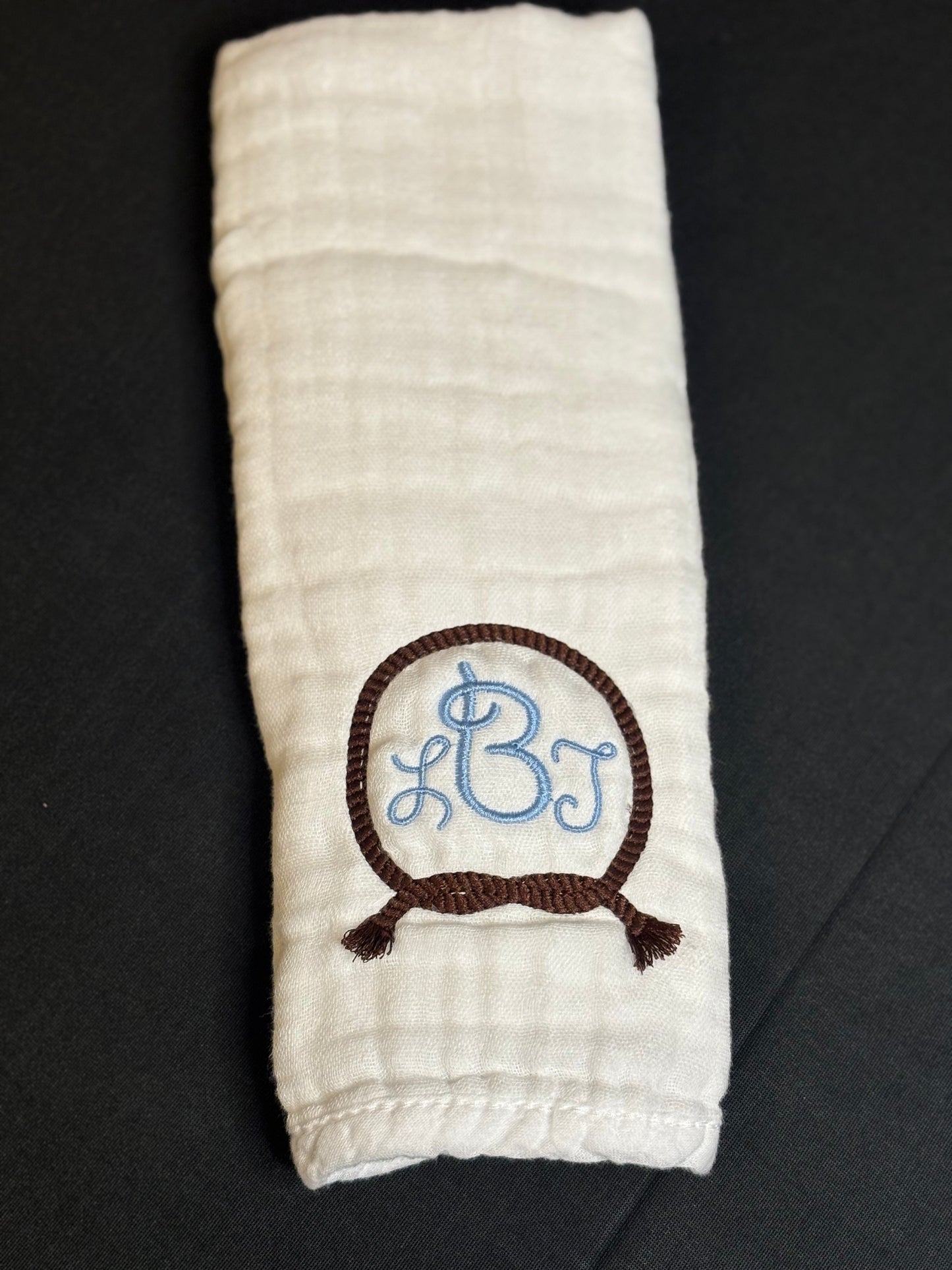 Rope Framed Fringed Monogram Burp Cloth